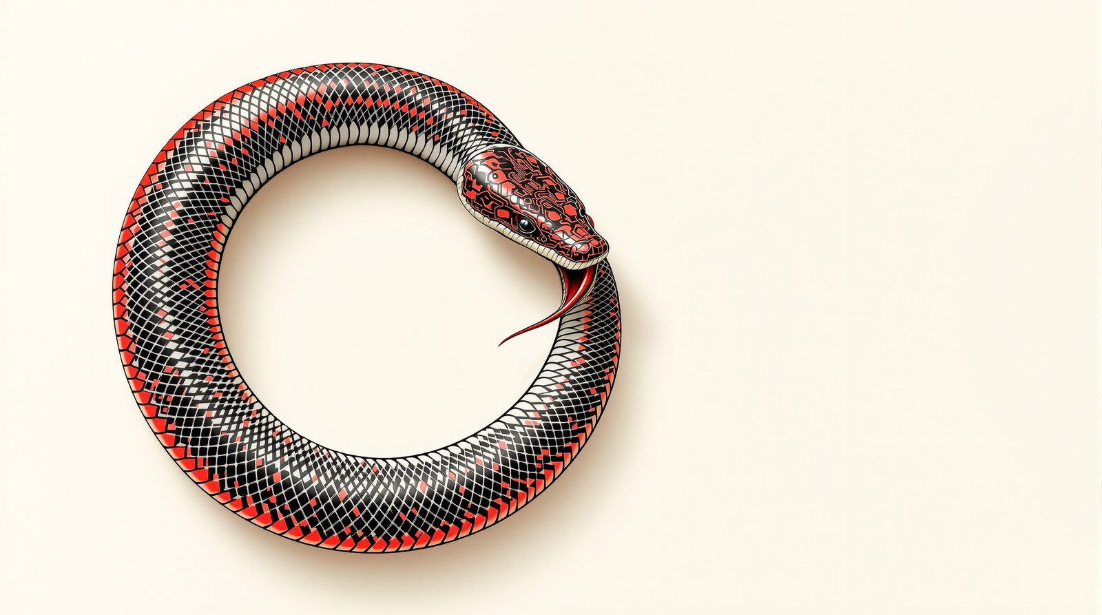 An ouroboros — a serpent biting its own tail — in red and charcoal on a light field